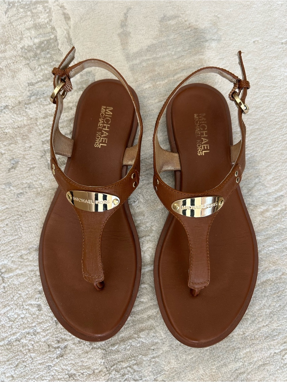 Michael Kors Brown Leather T-Strap Sandals with Gold Accent